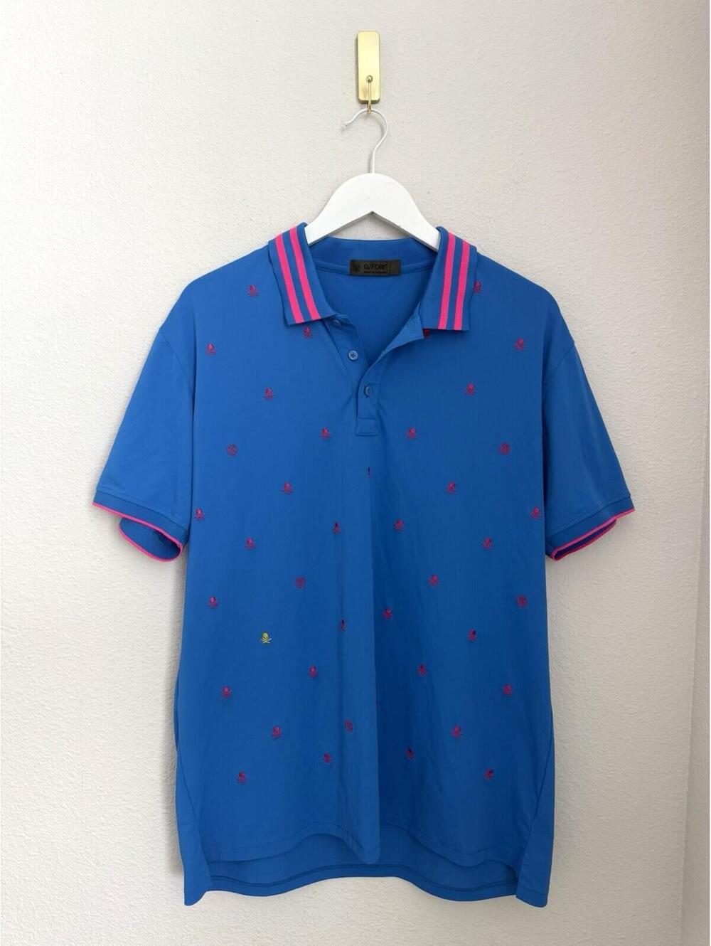 G/FORE‎ Men’s Large Printed Logo Skulls Golf Polo Shirt Lightweight Blue Neon